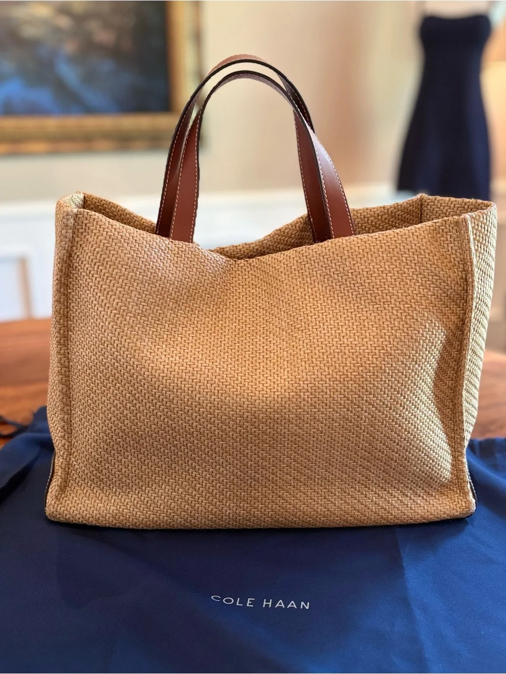 Cole Haan Tan Woven Tote with Brown Leather Handles